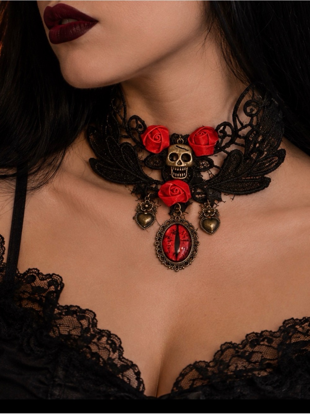 Victorian Gothic Black Lace Choker Necklace with Red Rose Accents